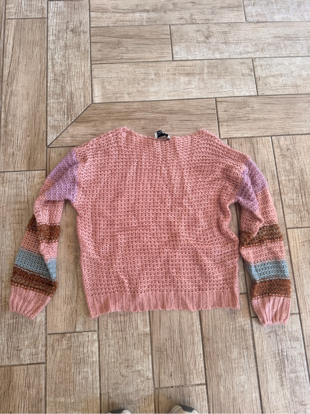 Heartloom Pink Crewneck Sweater with Multicolor Striped Sleeves